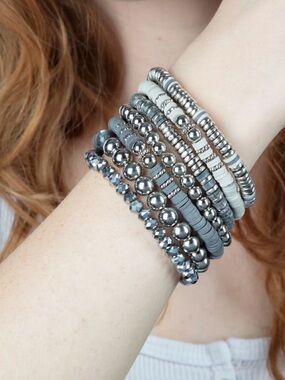 Stacked Grey & Silver Stretch Bracelet Set - Women Jewelry